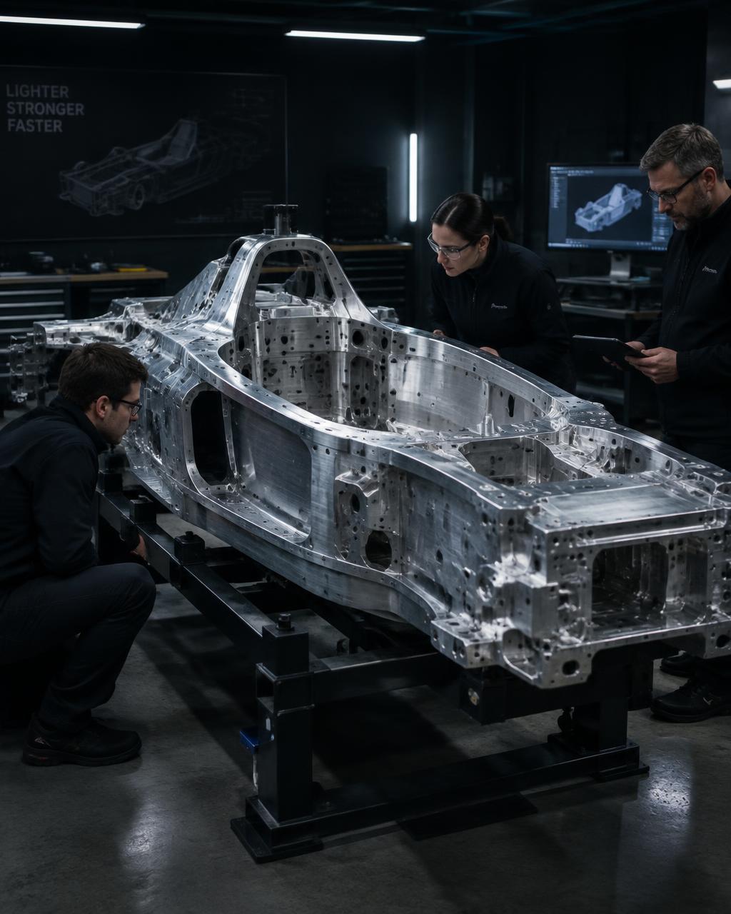 RACE engineers inspecting a machined aluminum monocoque